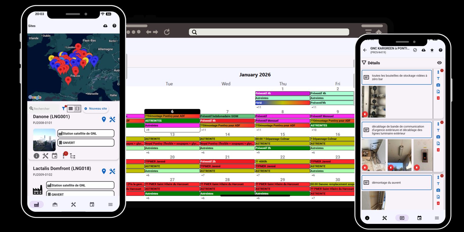 Simple GMAO CMMS software on desktop and mobile: site map, preventive maintenance schedule and intervention report
