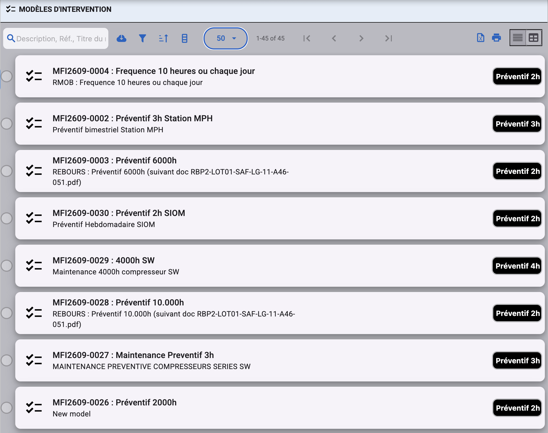 Intervention models and checklists – Simple GMAO CMMS software screenshot