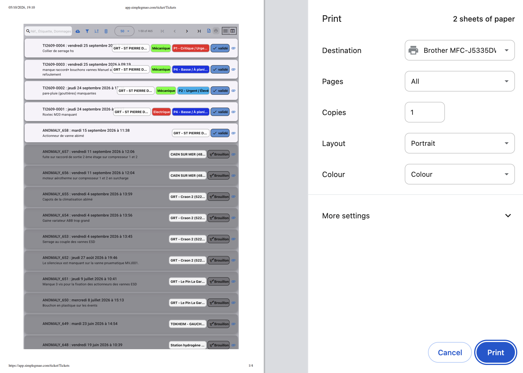 Excel import & PDF printing – Simple GMAO CMMS software screenshot